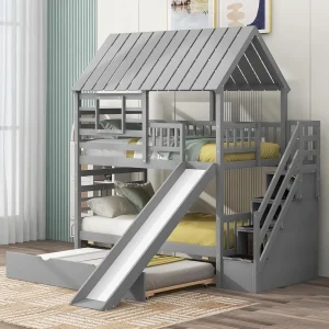 Twin Over Twin Bunk Beds with Slide ,Trundle & Storage