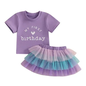 Girls 2Pcs Birthday Outfits Heart Tops + Tutu Skirt Set