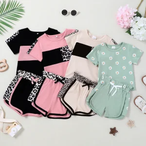 Girl Clothes Short Sleeve Leopard Camo Printed Shorts Set