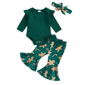 Baby Christmas Outfit Long Sleeve Romper Flare Pants Headband